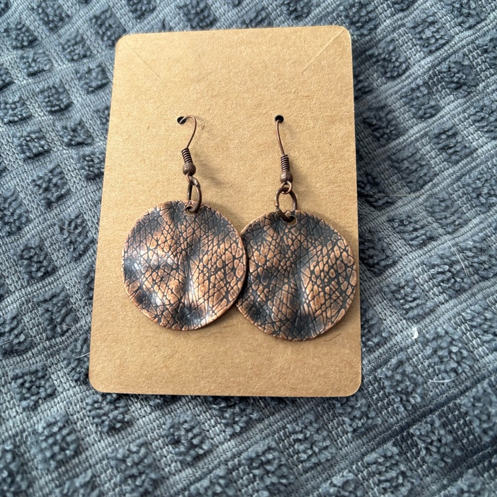 Solid Copper Textured Disc Dangle Earrings Boho R… - image 4